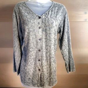 Boho Minimalist Gray Embroidered Button Down Top | Artsy Textured Long Sleeve M